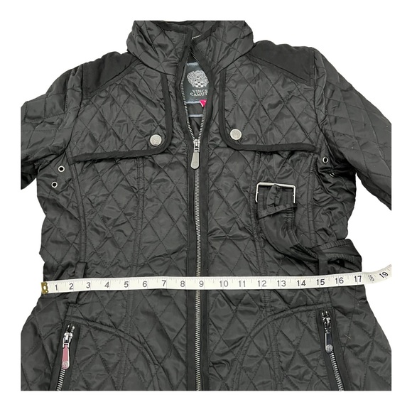Vince Camuto Women's Quilted Jacket Size Small Belted Black Faux Suede Trim - Picture 11 of 15